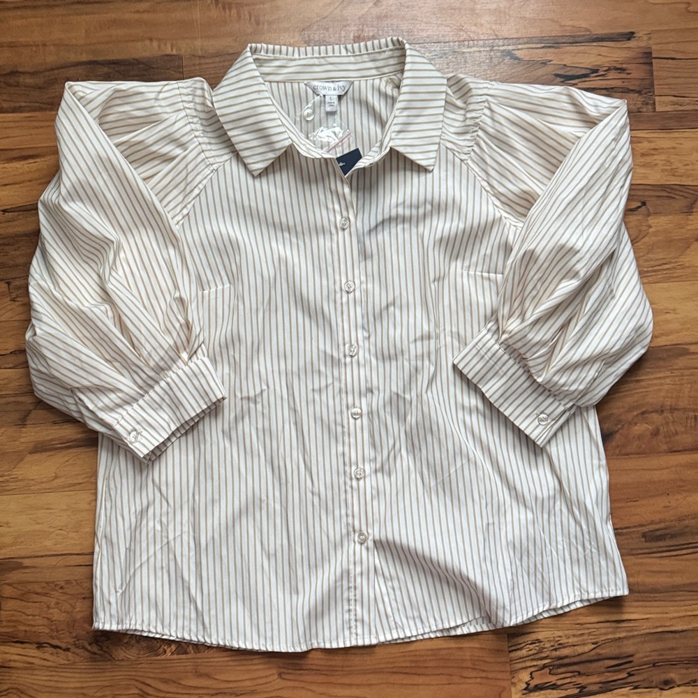 Crown & Ivy Beige Striped Button Down Shirt
